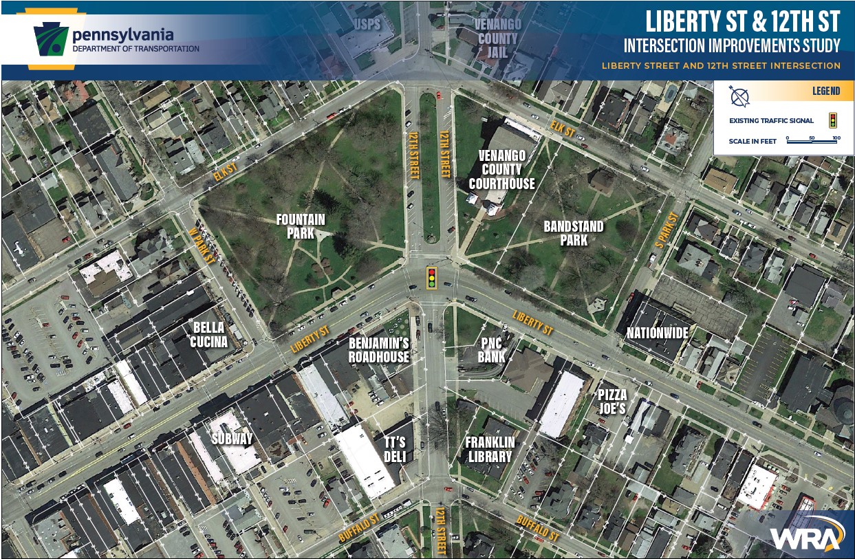 A map showing the corridor including the intersection of 12th and Liberty streets.