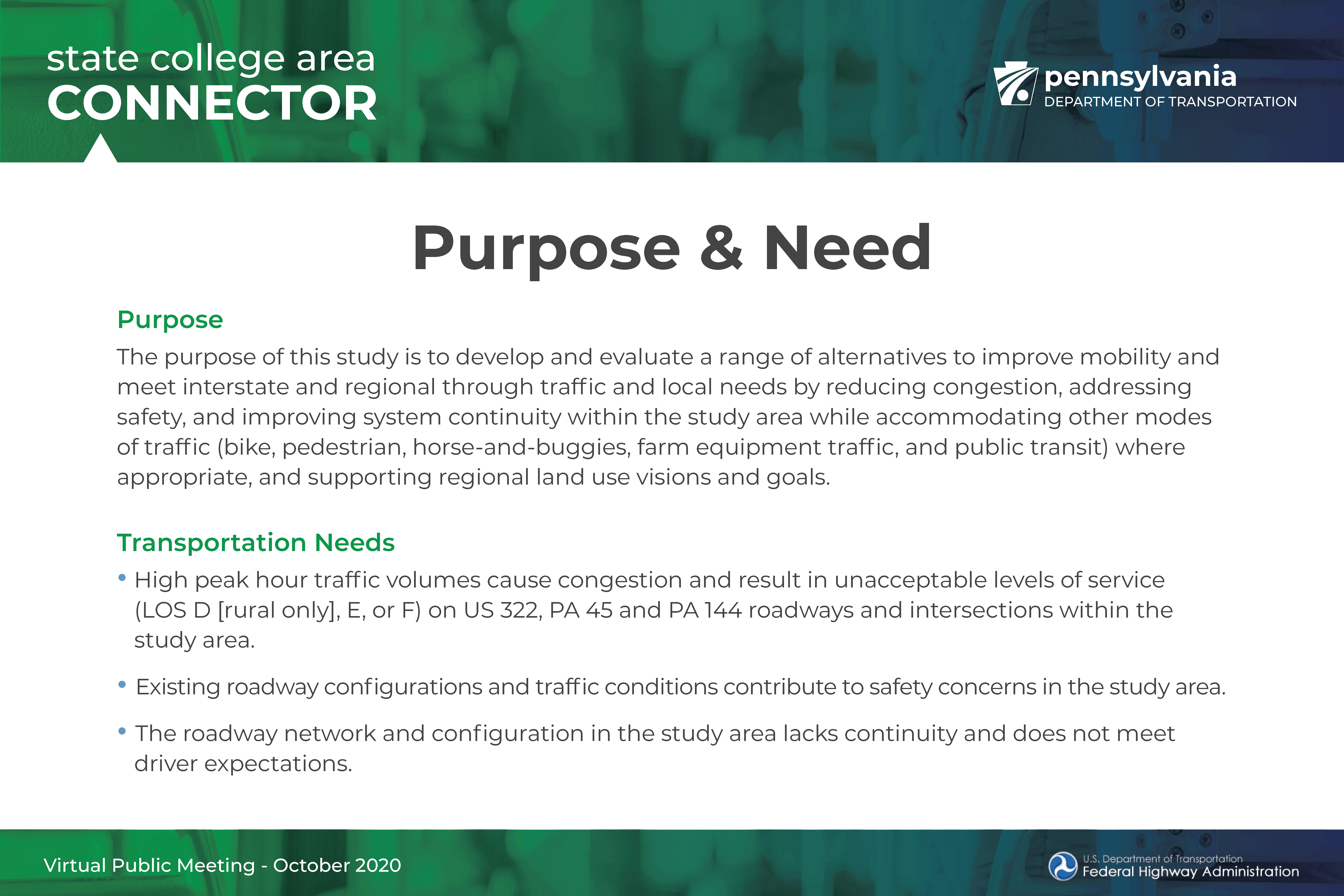 purpose and needs board for State College Area Connector meeting